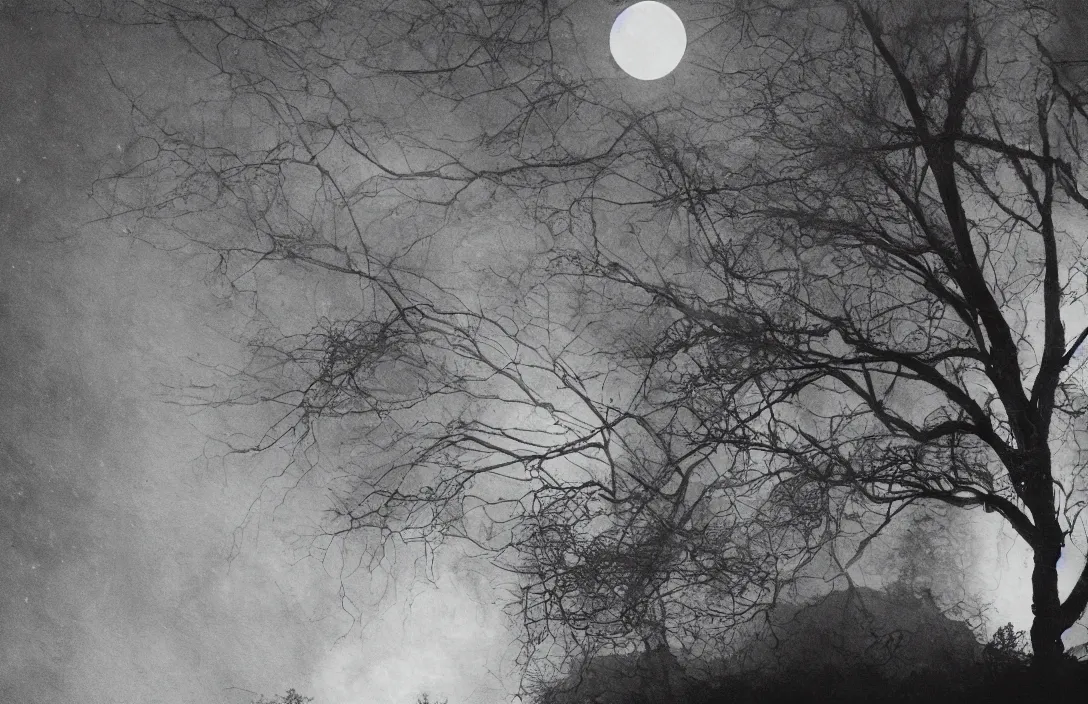 Image similar to energetic brushstrokes create optical flow intact flawless ambrotype from 4 k criterion collection remastered cinematography gory horror film, ominous lighting, evil theme wow photo realistic postprocessing cryengine stars lingering above moon visible through the trees worms eye photograph by ansel adams