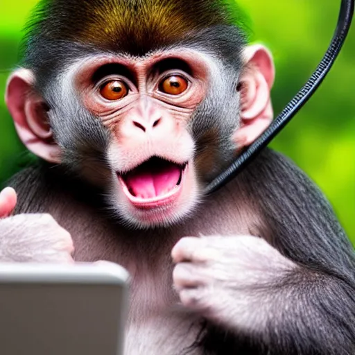 Image similar to an angry monkey listening to music with earphones, his family are trying to talk to him but he cannot hear them