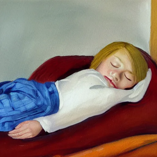 Prompt: an oil painting of a young boy with long blonde hair sleeping in bed with a checkered comforter