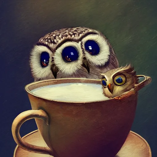 Image similar to long shot of a very cute young owl sleeping in a tea cup, by esao andrews, by james jean, marc simonetti, humorous illustration, hyperrealistic, big depth of field, fresh colors, dim light, 3 d octane render conceptart, 4 k, hyperdetailed, trending on artstation