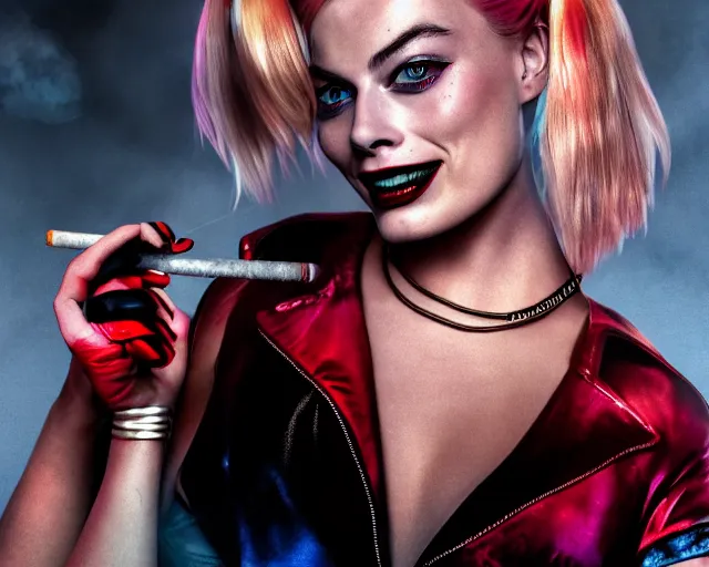 Image similar to Margot Robbie as a harley quinn smoking a cigarette, smoke cloud, cinematic, 4k digital art, highly detailed