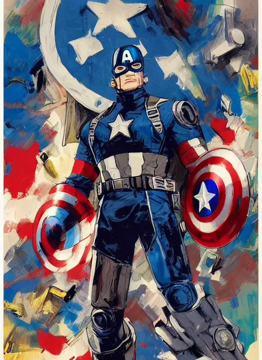 Image similar to marvel mcu captain america strange, wearing futuristic cybernetic battle armor, by ashley wood, yoji shinkawa, jamie hewlett, 6 0's french movie poster, french impressionism, vivid colors, palette knife and brush strokes, dutch angle