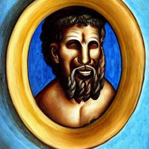 Image similar to portrait of ancient greek idiot with big eyes and sharp nose and open mouth. fine detail. artistic painting by lurid