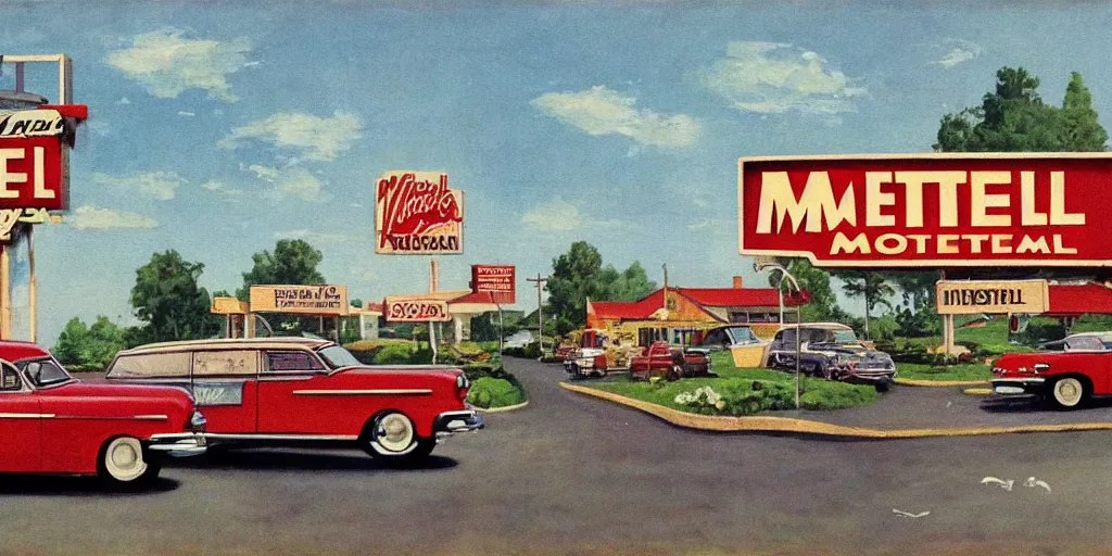 Image similar to 1 9 5 0 s americana painting of a motel and motel sign with cars parked outside by norman rockwell