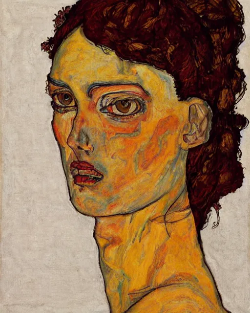 Image similar to portrait of leela by egon schiele in the style of greg rutkowski