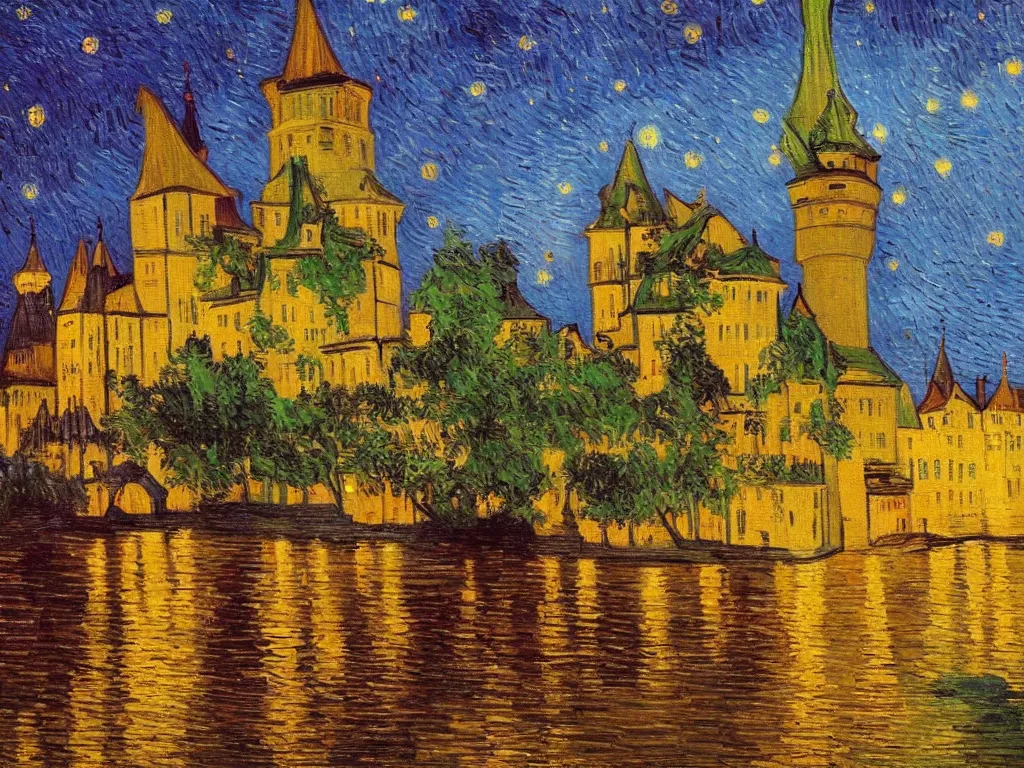 Image similar to trending on artstation, a beautiful German castle next to a river during sunset, oil on canvas, in the style of Vincent van Gogh