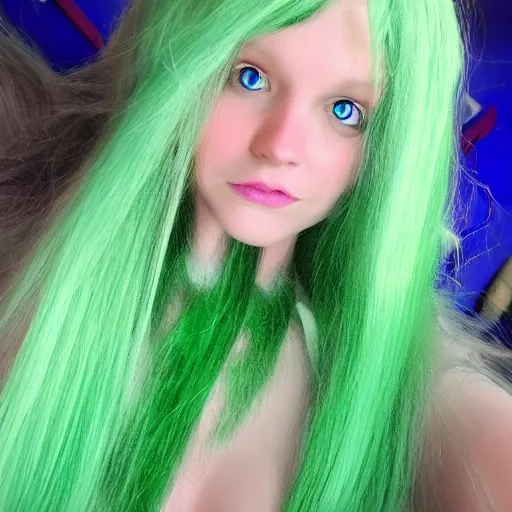 Prompt: blue-skinned elf girl with green hair