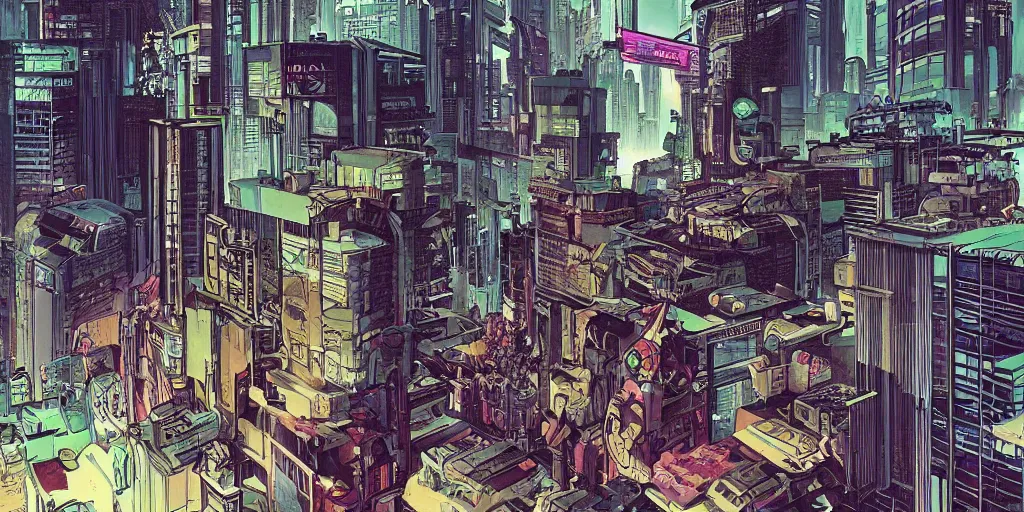 Prompt: full page comic book drawings of cyberpunk apocalyptic office scenes, bold color palette, high contrast, by carel willink and jean giraud, comic book panels, octane render, beserk anime
