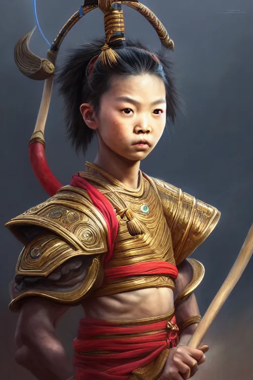 Prompt: a masterpiece portrait of nezha, highly detailed, boy hold spear, chinese fantasy, highly detailed, digital painting, trending on artstation, concept art, sharp focus, illustration, global illumination, ray tracing, realistic shaded, art by artgerm and greg rutkowski and fuji choko and viktoria gavrilenko and hoang lap