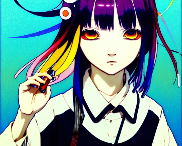 Image similar to takashi murakami, ilya kuvshinov illustration colorful anime portrait of reol, murata range, blue submarine no 6, manga, fine detail, perfect anime face, dramatic lighting, dynamic composition, moody, vivid, alphonse mucha, fine stippled lighting, grain, art deco, cel shading, yoshinari yoh, last exile