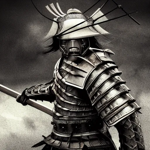 Prompt: dramatic image of samurai in the wind with a longbow and armor. digital art. trending on artstation.