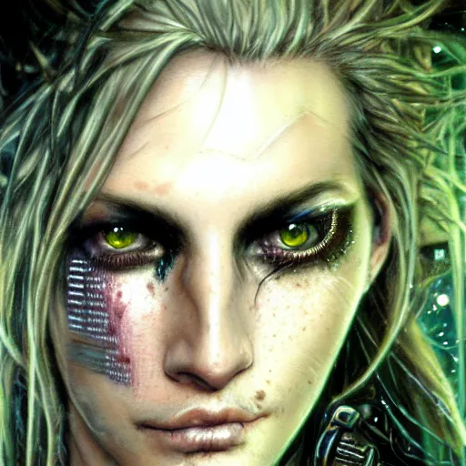 Image similar to an award finning closeup facial portrait by luis royo and john howe of a very beautiful and attractive female bohemian cyberpunk traveller aged 5 0 with green eyes and freckles in clothed in excessively fashionable cyberpunk gear and wearing ornate warpaint