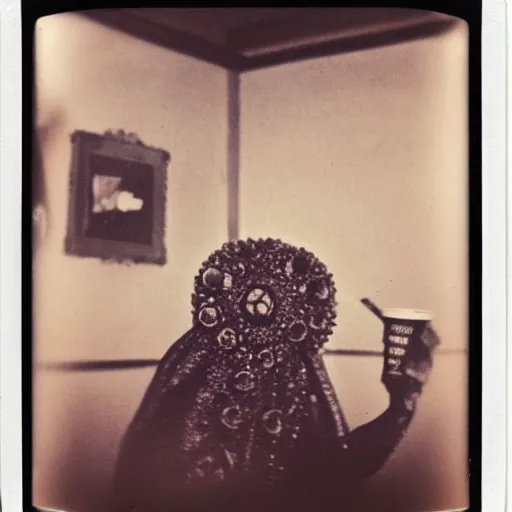 Prompt: a very beautiful old damaged Polaroid picture of lovecraftian monster inside a coffee shop, award winning photography