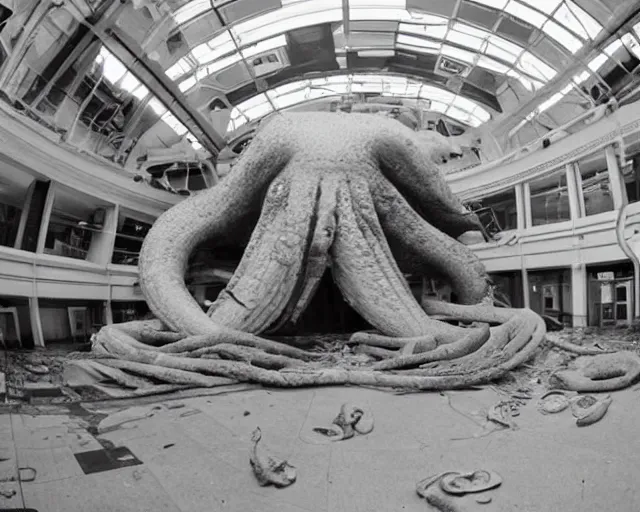 Image similar to camera footage of a extremely aggressive Giant mutated Octopus with glowing white eyes, Mutated Human Features, Human Spine, Organic Lure, in an abandoned shopping mall, Psychic Mind flayer, Terrifying, Human Silhouette :7 , high exposure, dark, monochrome, camera, grainy, CCTV, security camera footage, timestamp, zoomed in, Feral, fish-eye lens, Fast, Radiation Mutated, Nightmare Fuel, Ancient Evil, Bite, Motion Blur, horrifying, lunging at camera :4 bloody dead body, blood on floors, windows and walls :5