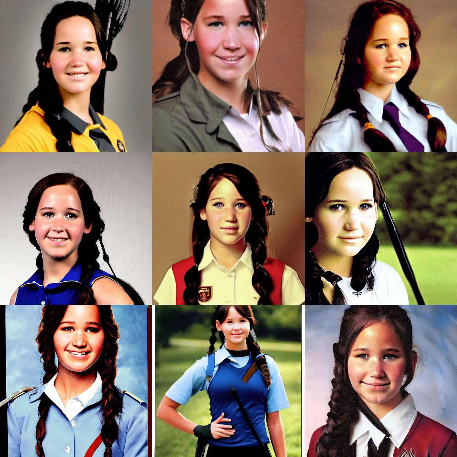 Prompt: high school yearbook photo of katniss everdeen, wearing school uniform, 2 0 0 9