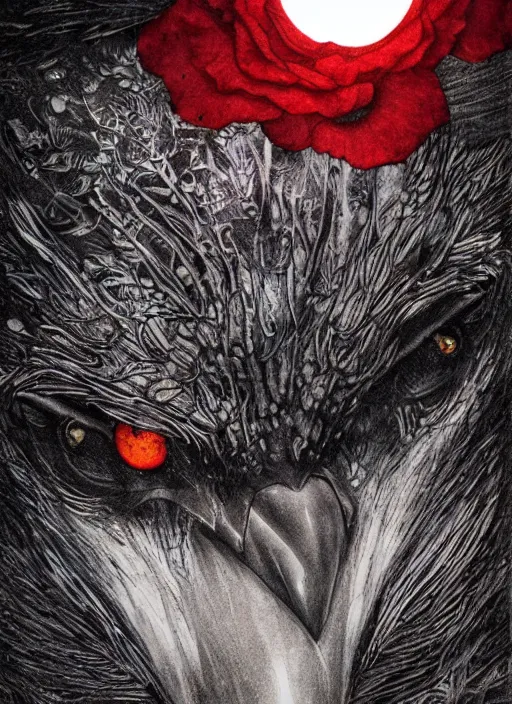 Image similar to portrait, A crow with red eyes in front of the full big moon, book cover, red roses, red white black colors, establishing shot, extremly high detail, foto realistic, cinematic lighting, pen and ink, intricate line drawings, by Yoshitaka Amano, Ruan Jia, Kentaro Miura, Artgerm, post processed, concept art, artstation, matte painting, style by eddie mendoza, raphael lacoste, alex ross