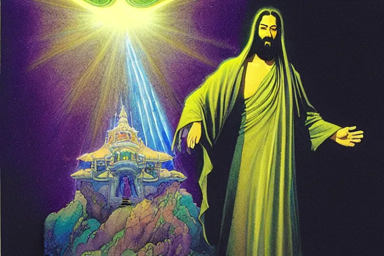 Image similar to a hyperrealist watercolour character concept art portrait of a hologram of space jesus at night in las vegas, nevada. a mysterious cloaked figure in the background. lasers shoot from behind a mountain. buddha hologram. by rebecca guay, michael kaluta, charles vess and jean moebius giraud