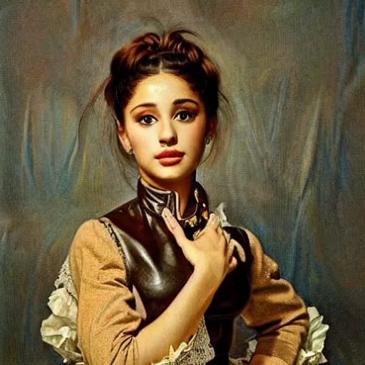 Image similar to Portrait of Ariana Grande in a steampunk blouse, vintage shading, by Ilya Repin