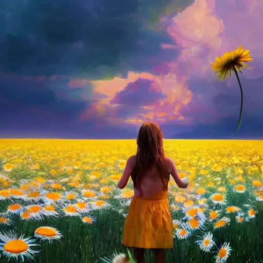 Image similar to head and face made of giant daisies, girl standing barefoot in a flower field, holding flowers, surreal photography, sunrise dramatic light, impressionist painting, colorful clouds, large sky, digital painting, artstation, simon stalenhag, flower face