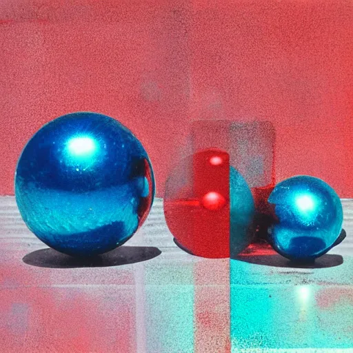 Prompt: chrome spheres on a red cube, cyanotype