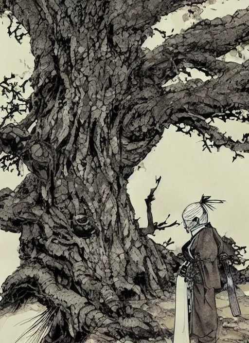 Prompt: a samurai resting beneath a giant tree, by takehiko inoue and kim jung gi and hiroya oku, masterpiece ink illustration, realistic face and anatomy