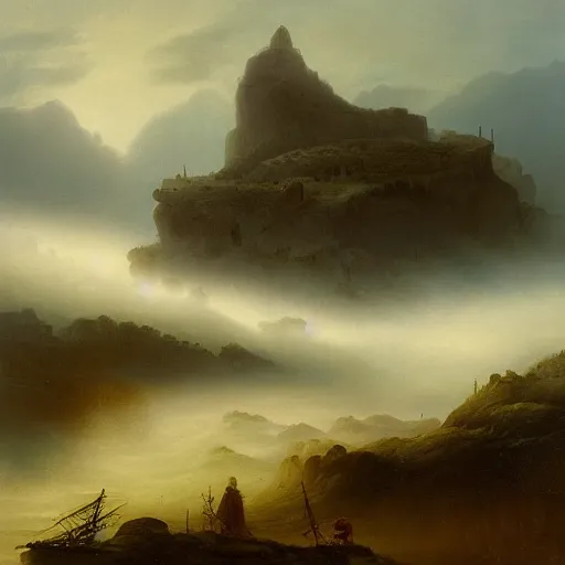 Image similar to an impossibly large tower rising from a sea of mist,evocative,romanticism landscape painting