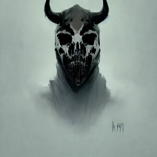 Prompt: portrait of a character wearing a black cloak, with a white mask in the shape of a cow skull, the mask covers her entire face, dramatic lighting, illustration by Greg rutkowski, yoji shinkawa, 4k, digital art, concept art, trending on artstation