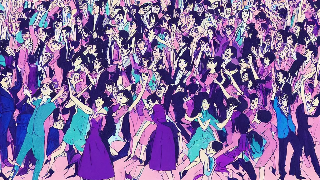 Image similar to detailed illustration of the front row of a concert seen from the front composed of fashionably dressed people dancing, dark blue and intense purple color palette, in the style of yoshiyuki tomino