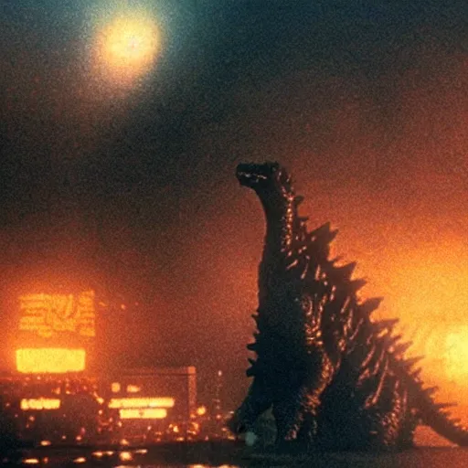 Image similar to a film still of godzilla in blade runner