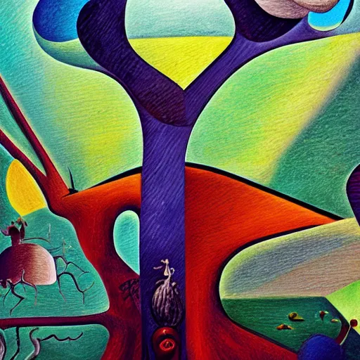 Prompt: Trending on artstation, 8K, highly detailed, cubism painting of a tree, in the style of Salvador Dalí