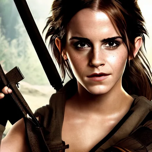 Prompt: Emma Watson modeling as Lara Croft from Zelda, (EOS 5DS R, ISO100, f/8, 1/125, 84mm, postprocessed, crisp face, facial features)