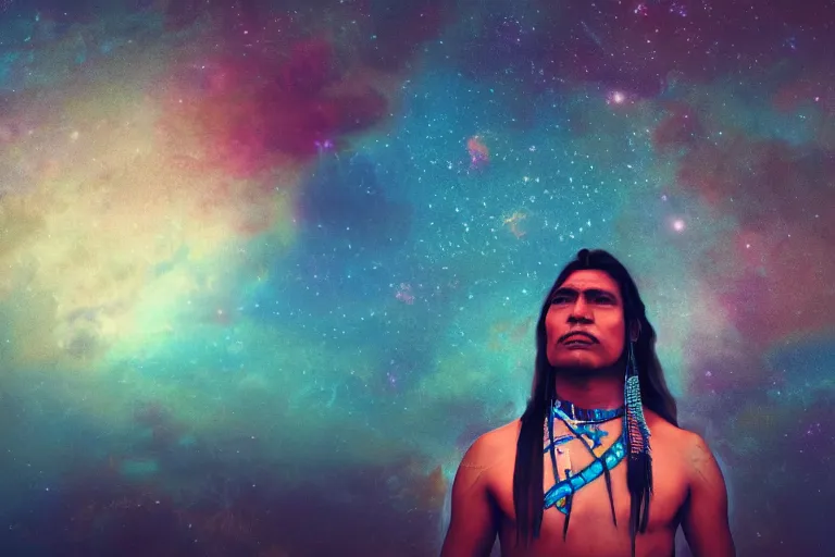 Image similar to photograph of a spiritual native american man looking up at the stars, art, universe, blender, pastel colors, synthwave, retro, cyberpunk,