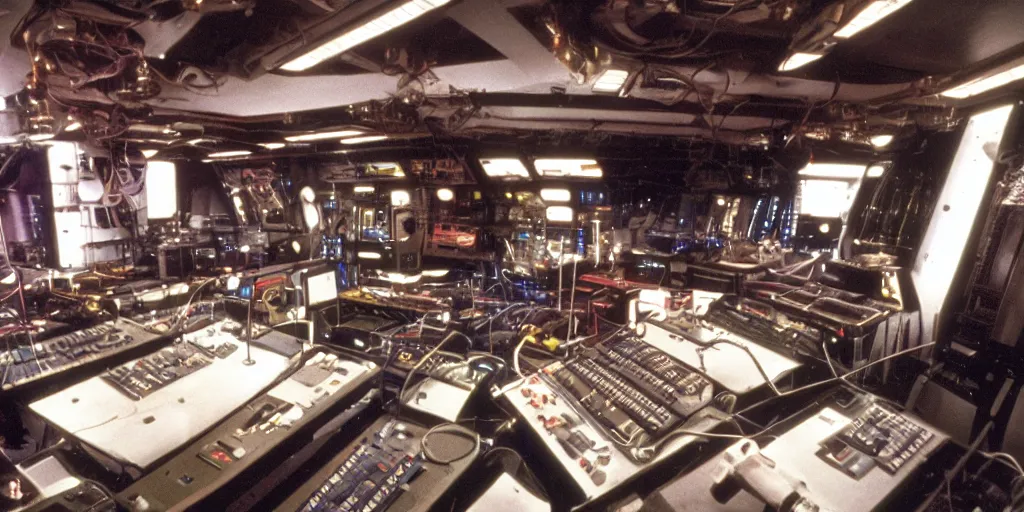 Prompt: colored film still of a machinery control room on a space ship freighter, ridley scott movie, 1 9 8 0 s sci - fi, claustrophobic, long tube, hardware, screens, controls,