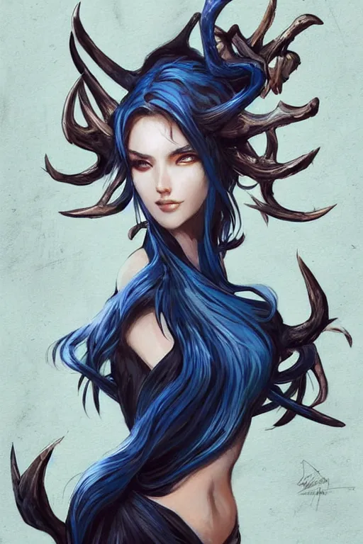 Prompt: fullbody!! dynamic action pose illustration, art by artgerm and greg rutkowski, beautiful woman with blue hair, antlers on her head, long flowing intricate black dress, dnd, face, fantasy, intricate, elegant, highly detailed, digital painting, artstation, concept art, smooth, sharp focus,