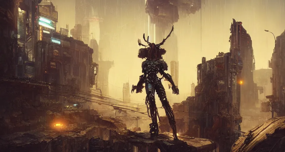 Image similar to cyberpunk gladiator, cinematic, highly detailed, octane render, cg, rich cinematic atmosphere, perfect digital art, mystical journey in strange world, Mystical, cyberpunk, tech war, sci-fi, surreal, glowing lights, sharp focus, high detailed, by Akihiko Yoshida, michael whelan and Karol Bak - H 1024