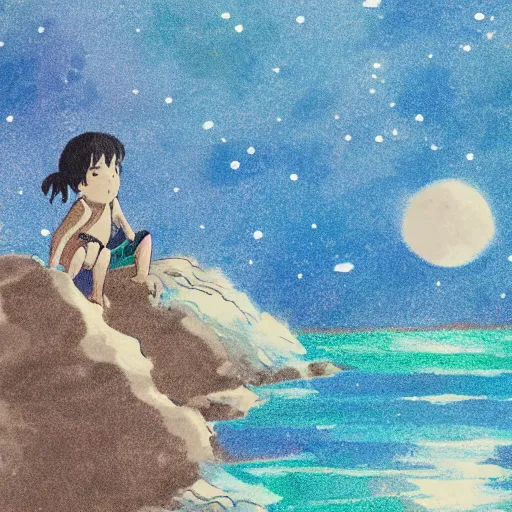 Prompt: a swim in the sea at night, moon, in the style of Studio Ghibli