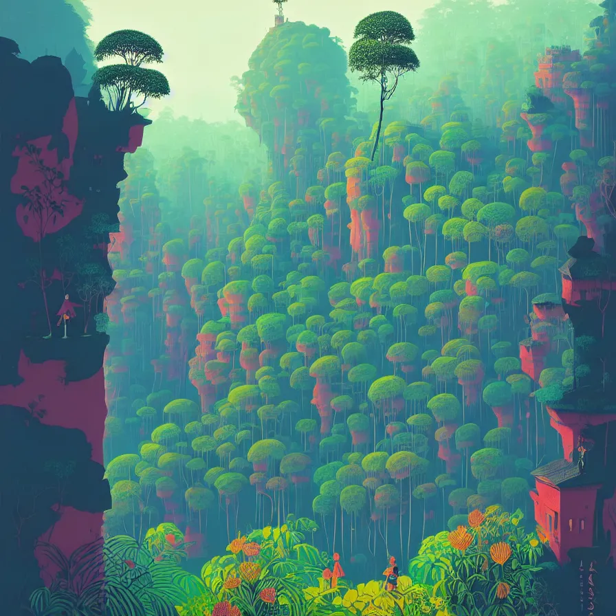 Image similar to ( ( ( ( ( gediminas pranckevicius ) ) ) ) ), wat bukit perak jungle, summer morning, very coherent and colorful high contrast art by james gilleard floralpunk screen printing woodblock, dark shadows, pastel color, hard lighting