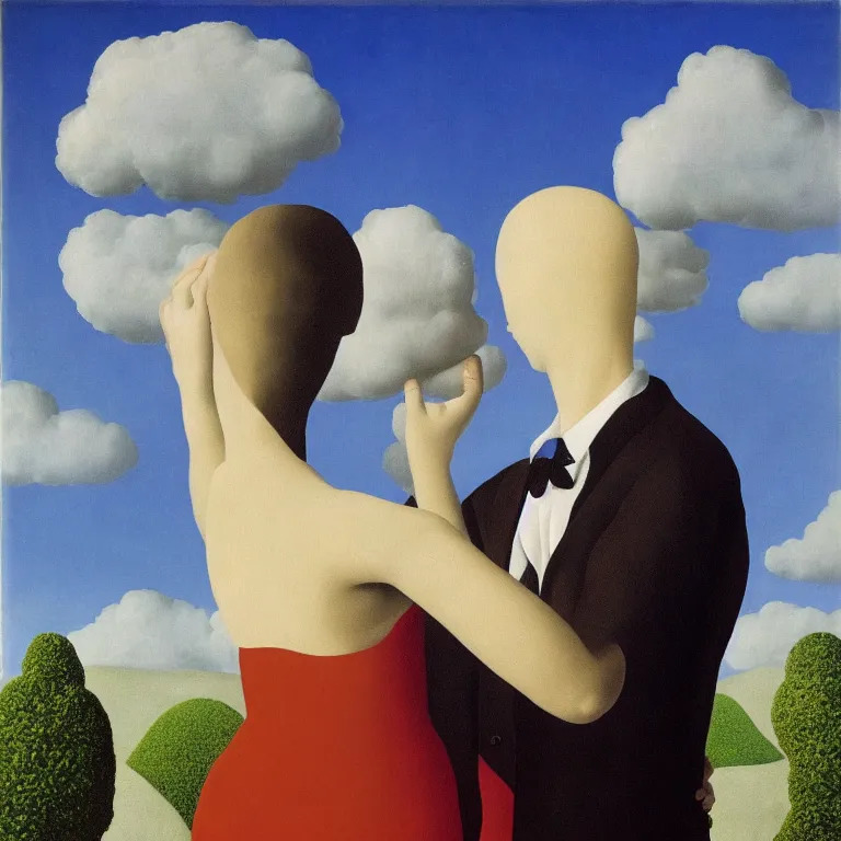Prompt: the lovers, by rene magritte, detailed painting, distance, centered, hd, hq, high resolution, high detail, 4 k, 8 k