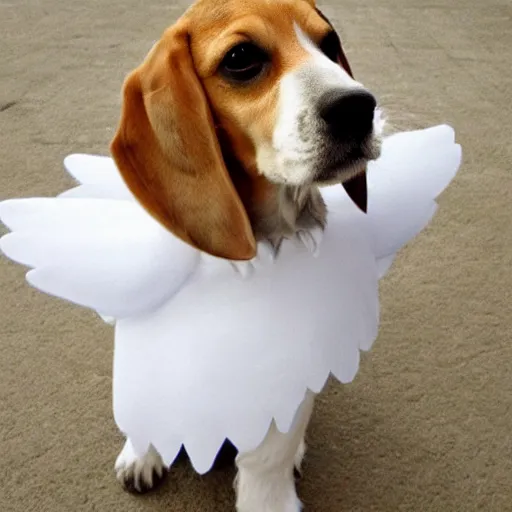 Prompt: Beagle dressed up as an angel.