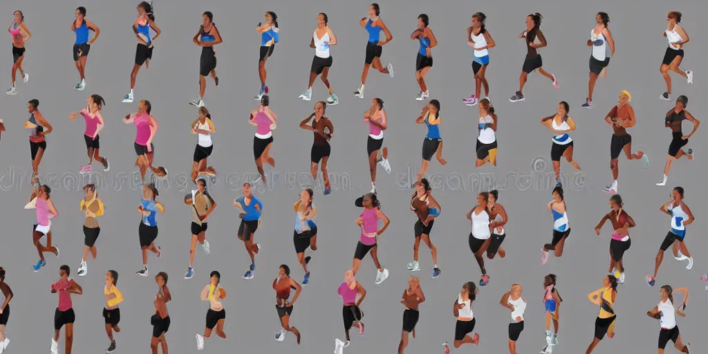 Image similar to Storyboard Sketch of Studio Photograph of starting line of many diverse marathon runners. multiple skintones. Frontal. Shot on 30mm Lens. Advertising Campaign. Wide shot. Fashion Studio lighting. White background.