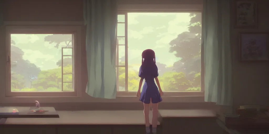 Image similar to a wholesome animation key shot of a focused lo-fi girl looking out the window, medium shot, waist up, studio Ghibli, Pixar and Disney animation, sharp, Rendered in Unreal Engine 5, anime key art by Greg Rutkowski, Bloom, dramatic lighting