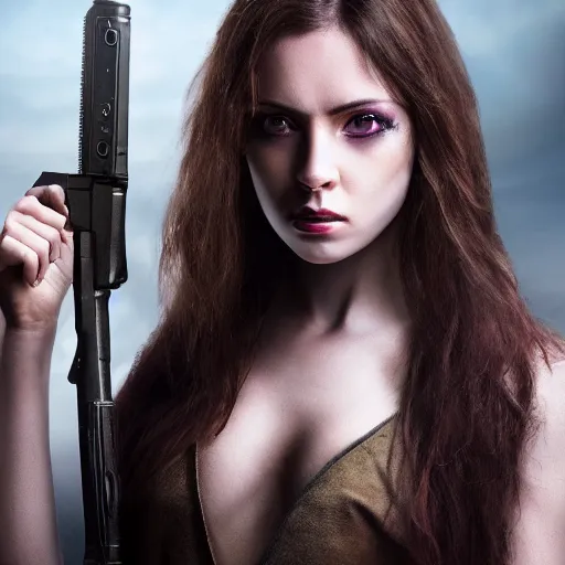 Prompt: heroine, beautiful, 8 k digital camera, sharp focus, ultra detailed, 8 k, sorceress woman, guns and magic, hd, movie still, character, realistic, portrait, 3 d, hyperrealistic