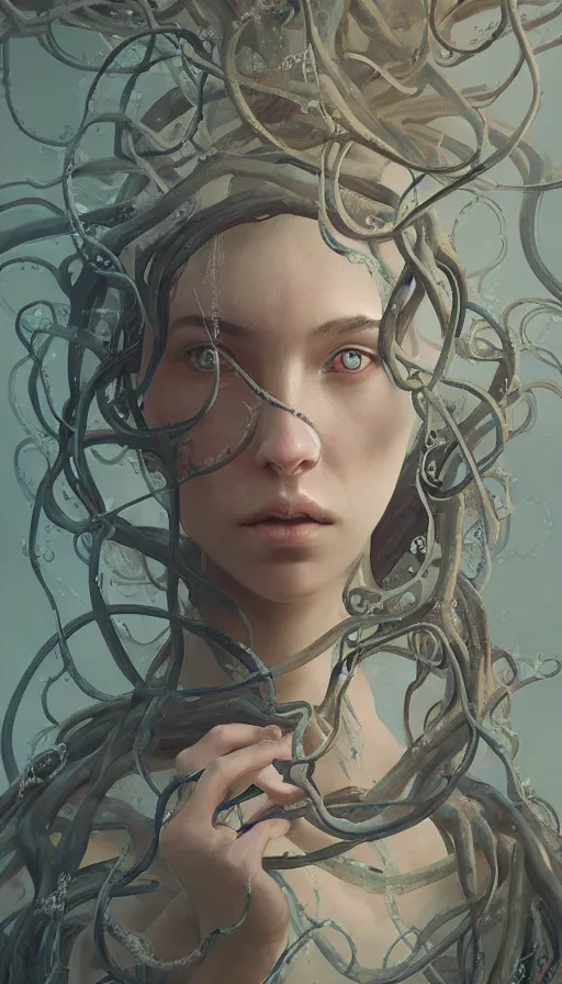 Image similar to very detailed portrait of a 2 0 years old girl surrounded by tentacles, the youg woman visage is blooming from fractal and vines, by greg rutkowski