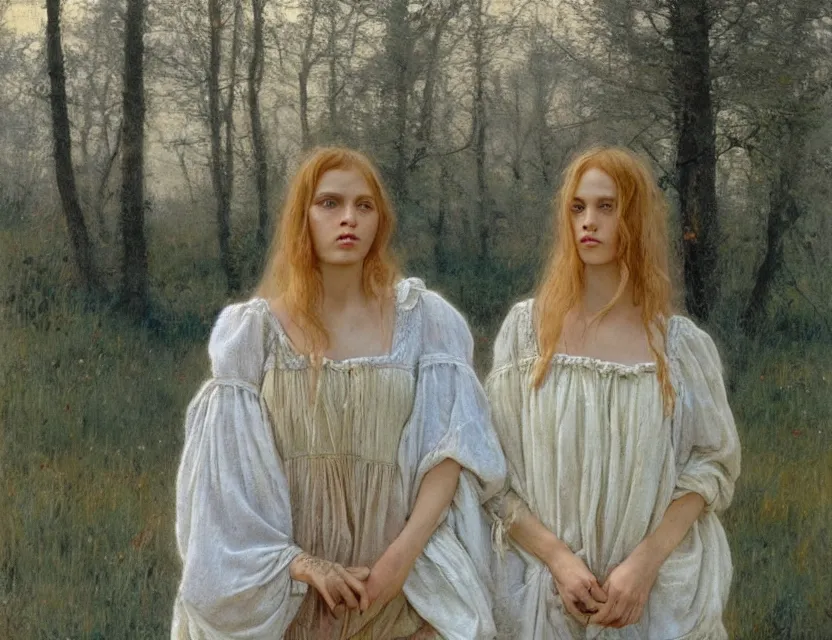 Prompt: beautiful peasant sisters with long hair, cottage core, cinematic focus, polaroid photo bleached vintage pastel colors high - key lighting, soft lights, foggy, by jean auguste dominique by steve hanks, by lisa yuskavage, by serov valentin, by tarkovsky, 8 k render, detailed, oil on canvas