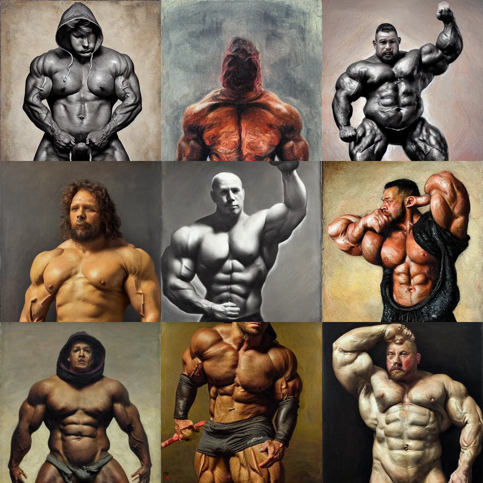 Prompt: muscular pig is a bodybuilder is wearing a hoodie , heavy texture natural rembrandt oil painting , aggressive pose