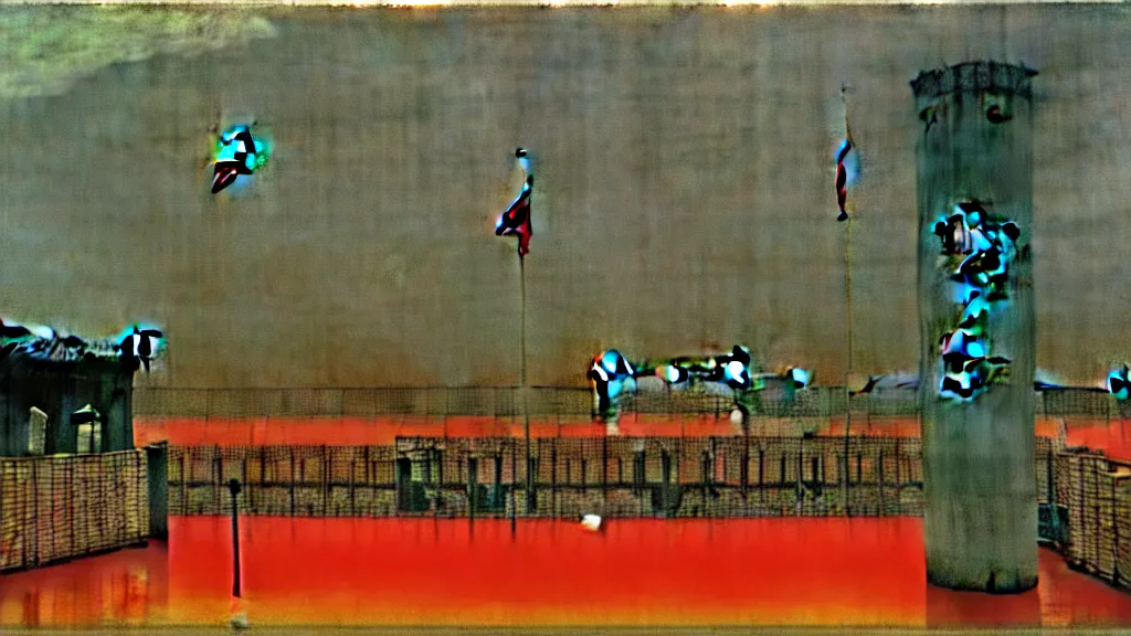 Image similar to a chinese prison near a river by peter doig, muted colors