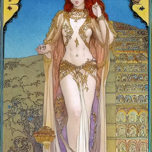 Prompt: beautiful ishtar goddess in long flowy dress, porcelain skin by rebecca guay and mucha