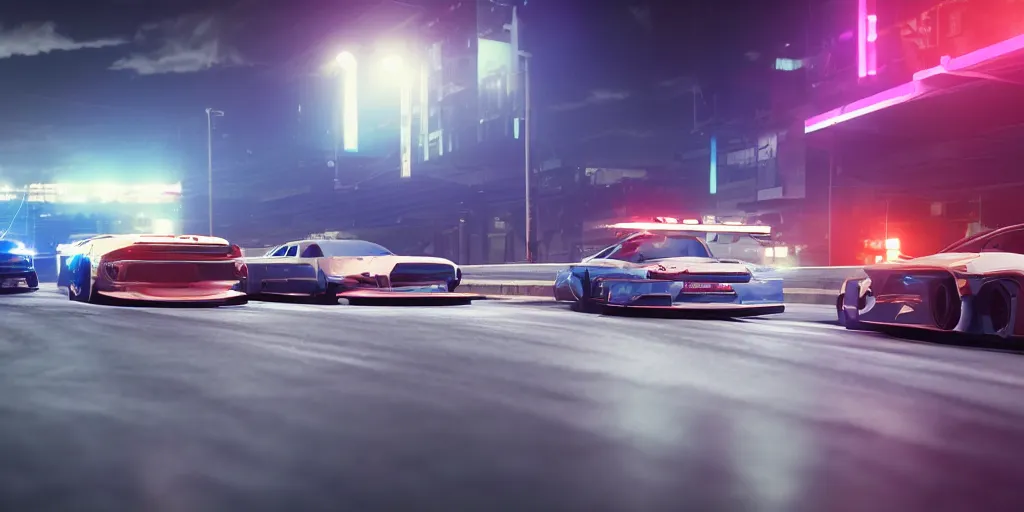 Image similar to two cars drag racing in the middle of the night while being chased by the police, realism, octane render, 3 d render, intense, synthwave