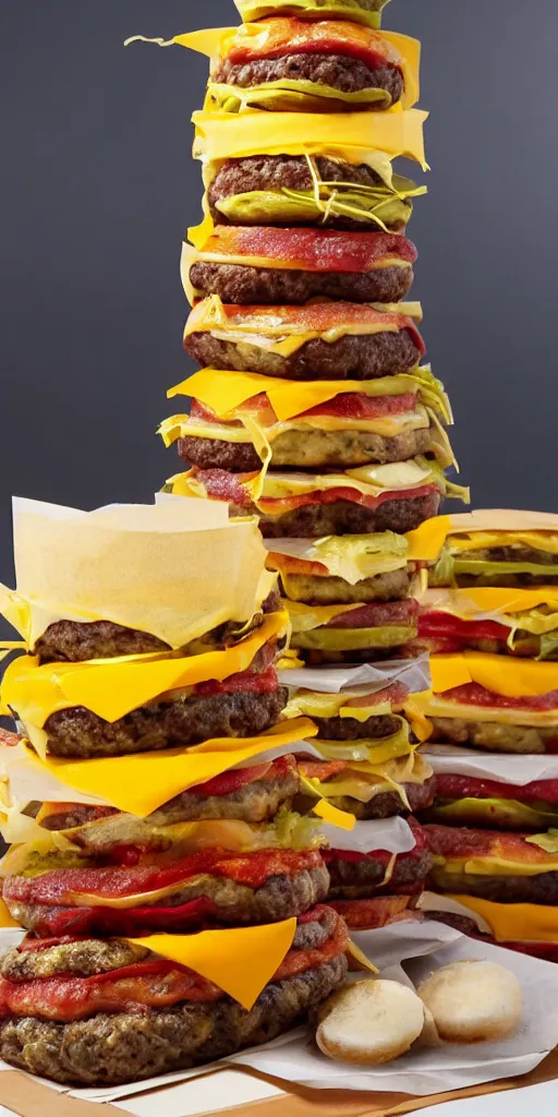 Image similar to a cheeseburger tower made of gigantic stacks of meat patties and cheese slices with a bun on each side, delicious looking burger - stack - tower