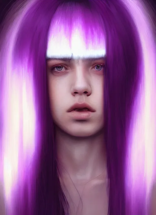 Image similar to hair whitebangs hair, black hair, whitebangs, portrait of teenage girl with white bangs, red irises, purple clothes, white bangs, bangs are different color from hair, intricate, elegant, glowing lights, highly detailed, digital painting, artstation, concept art, smooth, sharp focus, illustration, art by wlop, mars ravelo and greg rutkowski